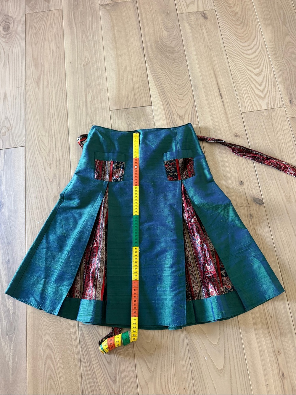 Gianfranco Ferre Teal silk Green and Burgundy Wrap-Detail A-Line Skirt - Picture 5 of 5